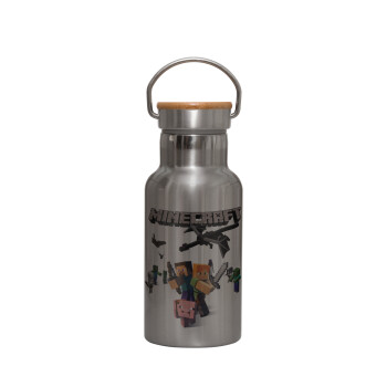 Minecraft Alex, Stainless steel metallic thermos flask, silver with a bamboo lid, double-walled, 350ml.