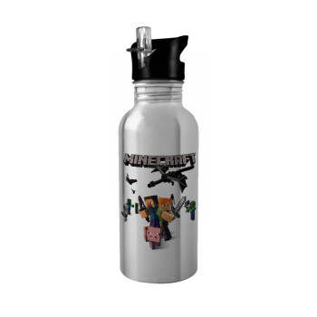 Minecraft Alex, Water bottle Silver with straw, stainless steel 600ml