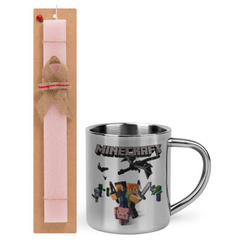 Minecraft Alex, Easter Set, metallic thermal cup (300ml) & aromatic flat Easter candle (30cm) (PINK)