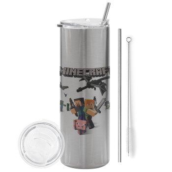 Minecraft Alex, Tumbler stainless steel Silver 600ml, with metal straw & cleaning brush