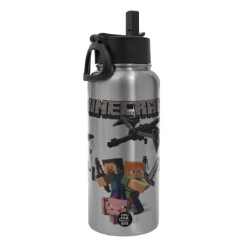 Minecraft Alex, Metal mug thermo Silver with Straw and Spout Lid (Stainless steel), double wall, 950ml