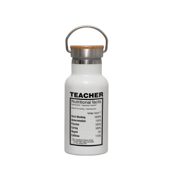 teacher nutritional facts, Μεταλλικό παγούρι θερμός (Stainless steel) Λευκό με ξύλινο καπακι (bamboo), διπλού τοιχώματος, 350ml