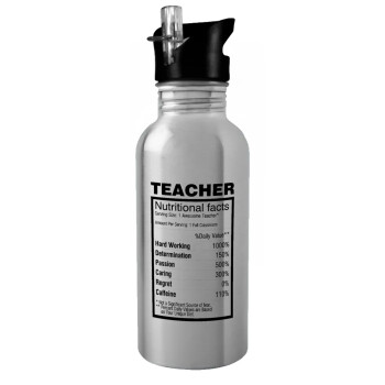 Τα συστατικά του δασκάλου, Παγούρι νερού Ασημένιο με καλαμάκι, ανοξείδωτο ατσάλι 600ml
