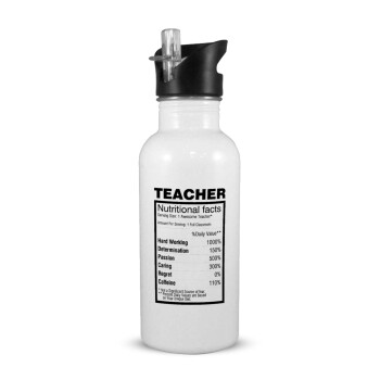 teacher nutritional facts, White water bottle with straw, stainless steel 600ml
