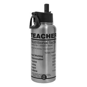 teacher nutritional facts, Metal mug thermo Silver with Straw and Spout Lid (Stainless steel), double wall, 950ml