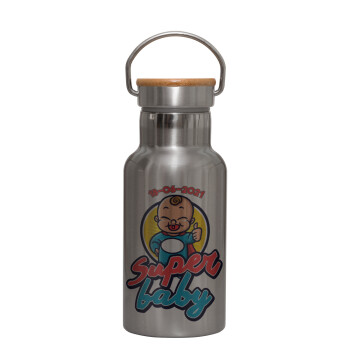 Super baby., Stainless steel metallic thermos flask, silver with a bamboo lid, double-walled, 350ml.