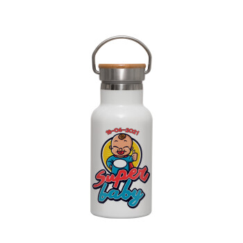 Super baby., Metallic thermos (Stainless steel) White with wooden lid (bamboo), double-walled, 350ml