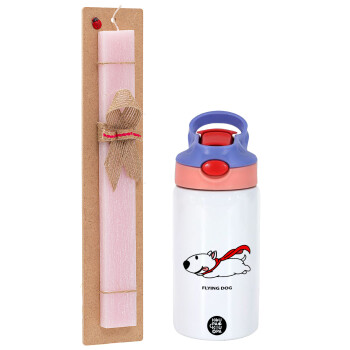 Flying DOG, Easter Set, Children's thermal stainless steel water bottle with safety straw, pink/purple (350ml) & Easter scented flat candle (30cm) (PINK)