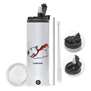 Flying DOG, Travel Tumbler 2 Lids, with metal straw & cleaning brush (Stainless steel 304 Food grade, BPA free, 600ml)