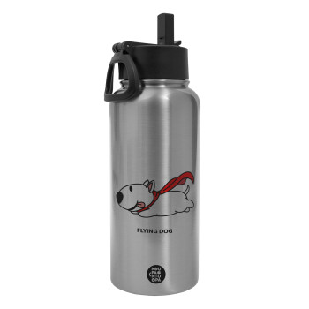 Flying DOG, Metal mug thermo Silver with Straw and Spout Lid (Stainless steel), double wall, 950ml