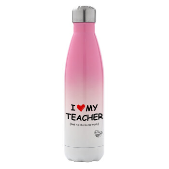 i love my teacher but no the homework, Metal mug thermos Pink/White (Stainless steel), double wall, 500ml