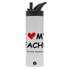 Metallic thermos bottle with straw & handle, stainless steel (Stainless steel 304), double-walled, 600ml.