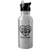 Water bottle Silver with straw, stainless steel 600ml