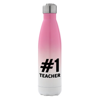 #1 teacher, Metal mug thermos Pink/White (Stainless steel), double wall, 500ml
