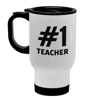 #1 teacher, Stainless steel travel mug with lid, double wall white 450ml