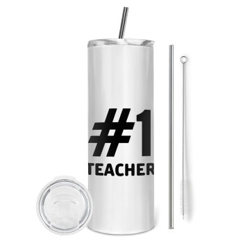 #1 teacher, Tumbler ποτήρι θερμό από ανοξείδωτο ατσάλι 600ml, με μεταλλικό καλαμάκι & βούρτσα καθαρισμού