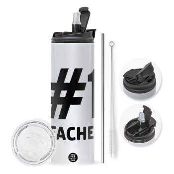 #1 teacher, Travel Tumbler 2 Lids, with metal straw & cleaning brush (Stainless steel 304 Food grade, BPA free, 600ml)