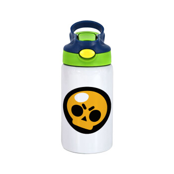 Brawl Stars Skull, Children's hot water bottle, stainless steel, with safety straw, green, blue (350ml)