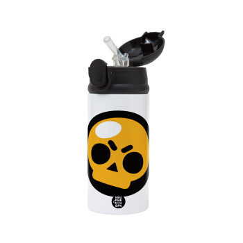 Brawl Stars Skull, Children's hot water bottle, stainless steel, with safety straw, Black (360ml) BPA-FREE