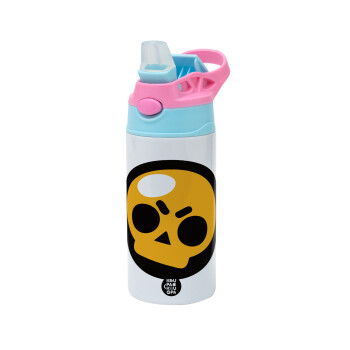 Brawl Stars Skull, Children's hot water bottle, stainless steel, with safety straw, Pink/BlueCiel (360ml) BPA FREE