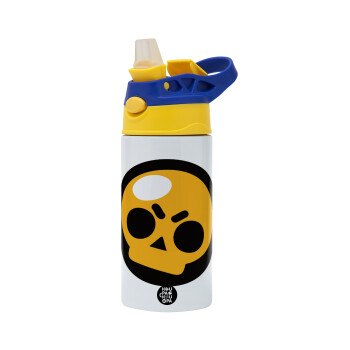 Brawl Stars Skull, Children's hot water bottle, stainless steel, with safety straw, green, blue (360ml) BPA FREE