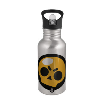 Brawl Stars Skull, Water bottle Silver with straw, stainless steel 500ml