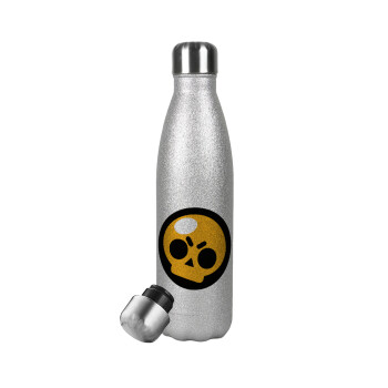 Brawl Stars Skull, Μεταλλικό παγούρι θερμός Glitter Aσημένιο (Stainless steel), διπλού τοιχώματος, 500ml