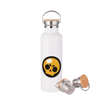 Brawl Stars Skull, Μεταλλικό παγούρι θερμός (Stainless steel) Λευκό με ξύλινο καπακι (bamboo), διπλού τοιχώματος, 750ml