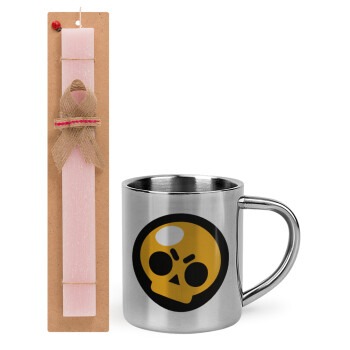 Brawl Stars Skull, Easter Set, metallic thermal cup (300ml) & aromatic flat Easter candle (30cm) (PINK)