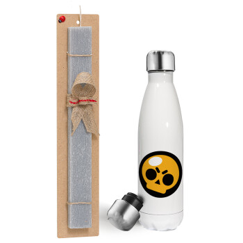 Brawl Stars Skull, Easter candle, metallic white thermos bottle (500ml) & aromatic flat candle (30cm) (GRAY)