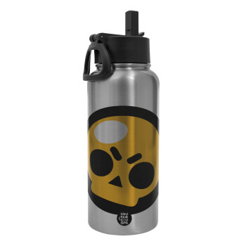 Brawl Stars Skull, Metal mug thermo Silver with Straw and Spout Lid (Stainless steel), double wall, 950ml