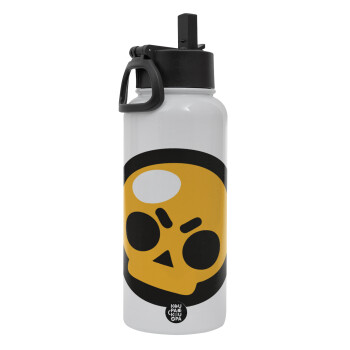 Brawl Stars Skull, Metal mug thermo White with Straw and Spout Lid (Stainless steel), double wall, 950ml