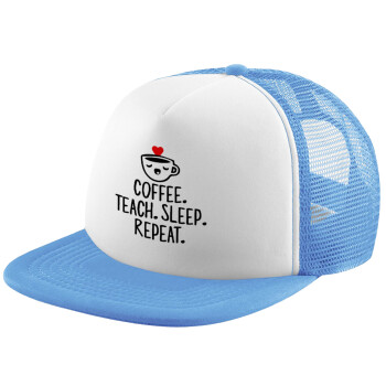 Coffee Teach Sleep Repeat, Child's Soft Trucker Hat with Blue/White Mesh (POLYESTER, CHILD, ONE SIZE)