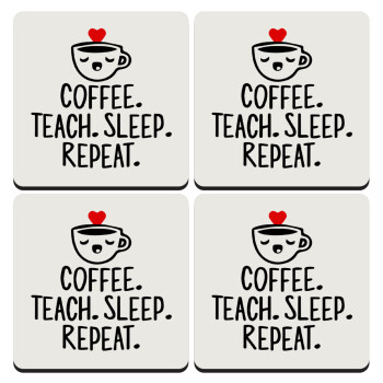 Coffee Teach Sleep Repeat, ΣΕΤ 4 Σουβέρ ξύλινα τετράγωνα (9cm)