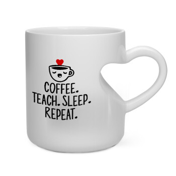 Coffee Teach Sleep Repeat, Κούπα καρδιά λευκή, κεραμική, 330ml