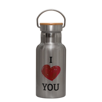 I Love You, Stainless steel metallic thermos flask, silver with a bamboo lid, double-walled, 350ml.