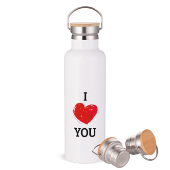 I Love You, Stainless steel White with wooden lid (bamboo), double wall, 750ml