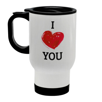 I Love You, Stainless steel travel mug with lid, double wall white 450ml