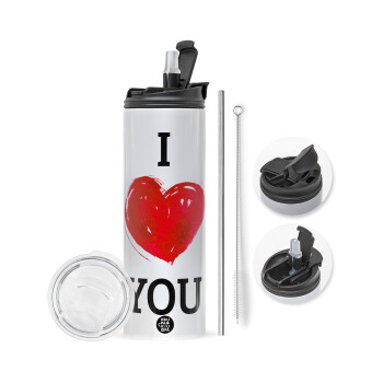 I Love You, Travel Tumbler θερμό με διπλό καπάκι, μεταλλικό καλαμάκι και βούρτσα καθαρισμού (Ανωξείδωτο 304 Food grade, BPA free, 600ml)