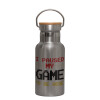 Stainless steel metallic thermos flask, silver with a bamboo lid, double-walled, 350ml.