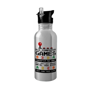 OLD computer games couldn't be won just like real life!, Water bottle Silver with straw, stainless steel 600ml