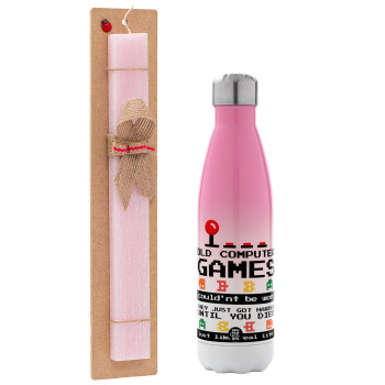 OLD computer games couldn't be won just like real life!, Easter Set, Metallic pink/white (Stainless steel) thermos, double-walled, 500ml & aromatic flat Easter candle (30cm) (PINK)