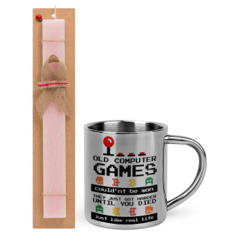 OLD computer games couldn't be won just like real life!, Easter Set, metallic thermal cup (300ml) & aromatic flat Easter candle (30cm) (PINK)