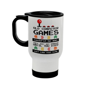 OLD computer games couldn't be won just like real life!, Stainless steel travel mug with lid, double wall white 450ml
