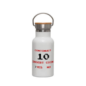 Continue? YES - NO, Metallic thermos (Stainless steel) White with wooden lid (bamboo), double-walled, 350ml