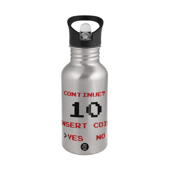 Continue? YES - NO, Water bottle Silver with straw, stainless steel 500ml