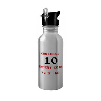 Continue? YES - NO, Water bottle Silver with straw, stainless steel 600ml