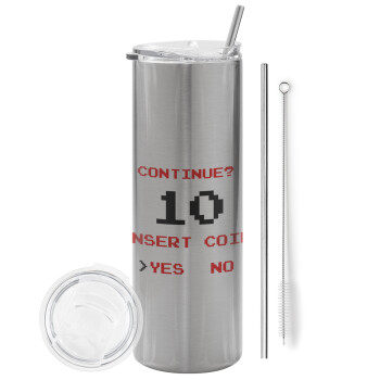 Continue? YES - NO, Tumbler stainless steel Silver 600ml, with metal straw & cleaning brush