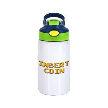 Insert coin!!!, Children's hot water bottle, stainless steel, with safety straw, green, blue (350ml)