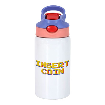 Insert coin!!!, Children's hot water bottle, stainless steel, with safety straw, pink/purple (350ml)